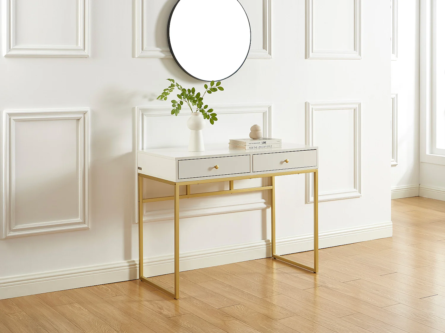 Sidetable met 2 laden - Kleur: wit en goudkleurig - CODENIA