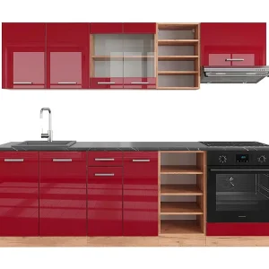 Complete keukeneenheid rood hoogglans/gouden eik 240x60x81.6 r-line Complete keukeneenheid rood hoogglans/gouden eik 240x60x81.6 r-line