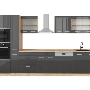 Complete keukeneenheid antraciet hoogglans/goud eiken 350x46x81.6 r-line Complete keukeneenheid antraciet hoogglans/goud eiken 350x46x81.6 r-line