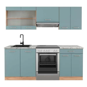 Complete keukeneenheid blauw-grijs/gouden eik 200x60x81.6 r-line