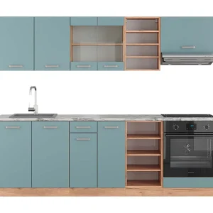 Complete keukeneenheid blauw-grijs/gouden eik 240x60x81.6 r-line