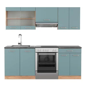 Complete keukeneenheid blauw-grijs/gouden eik 200x60x81.6 r-line