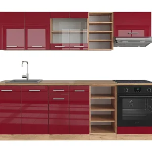 Complete keukeneenheid rood hoogglans/gouden eik 240x60x81.6 r-line Complete keukeneenheid rood hoogglans/gouden eik 240x60x81.6 r-line
