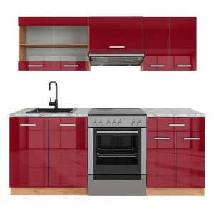 Complete keukeneenheid rood hoogglans/gouden eik 200x60x81.6 r-line Complete keukeneenheid rood hoogglans/gouden eik 200x60x81.6 r-line
