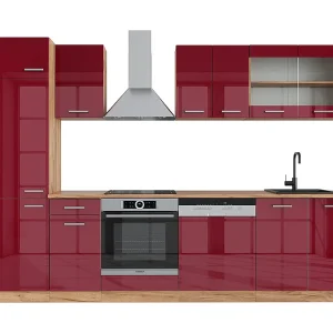 Complete keukeneenheid rood hoogglans/gouden eik 300x60x81.6 r-line Complete keukeneenheid rood hoogglans/gouden eik 300x60x81.6 r-line