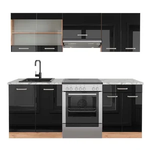 Complete keukeneenheid eiken hoogglans zwart/goud 200x60x81.6 r-line Complete keukeneenheid eiken hoogglans zwart/goud 200x60x81.6 r-line