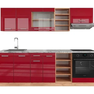 Complete keukeneenheid rood hoogglans/gouden eik 240x60x81.6 r-line Complete keukeneenheid rood hoogglans/gouden eik 240x60x81.6 r-line