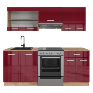 Complete keukeneenheid rood hoogglans/gouden eik 200x60x81.6 r-line Complete keukeneenheid rood hoogglans/gouden eik 200x60x81.6 r-line