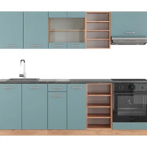 Complete keukeneenheid blauw-grijs/gouden eik 240x60x81.6 r-line