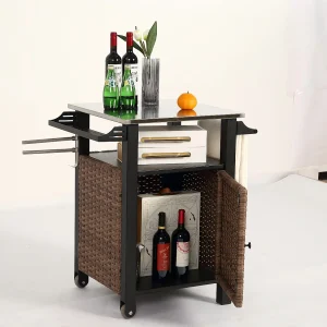Centraal kookeiland in bruin rotan – 1 deur – Natuurlijke bohemian stijl met 2 planken – Mobiel meubel met wielen – Perfect voor terras of buitentuin Centraal kookeiland in bruin rotan – 1 deur – Natuurlijke bohemian stijl met 2 planken – Mobiel meubel met wielen – Perfect voor terras of buitentuin