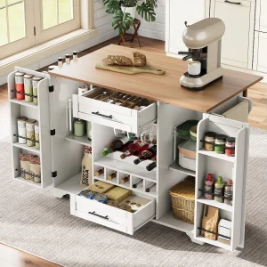 Centraal eiland met neerklapbaar werkblad op wielen – 138 x 45/70 x 92 cm – met 2 laden + 2 deuren – MDF – wit