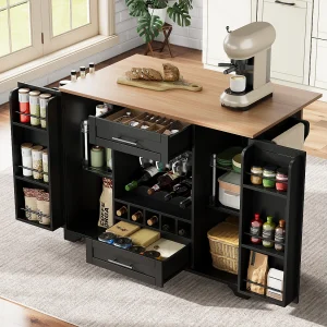 Centraal eiland met neerklapbaar werkblad op wielen – 138 x 45/70 x 92 cm – met 2 laden + 2 deuren – MDF – zwart