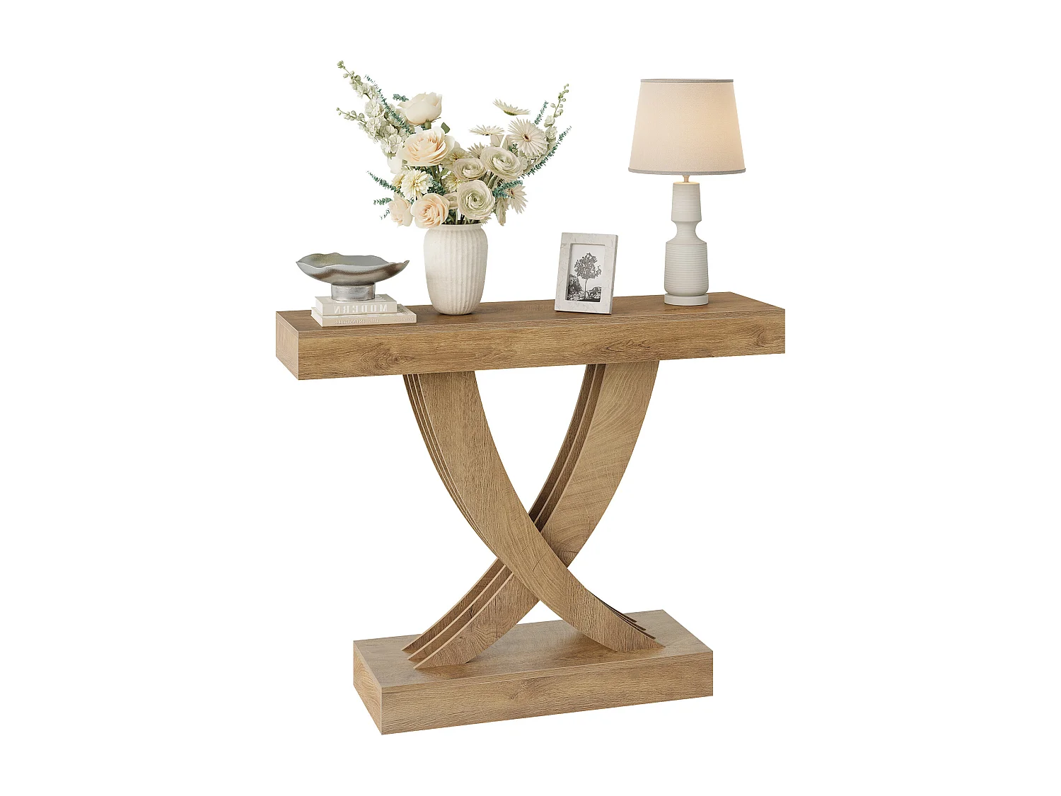 Consoletafel 110 cm, rustieke bruine haltafel met X-frame, smalle haltafel van MDF