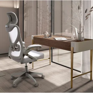 Bureau in walnoot, beige en goudkleurig gepolijst staal