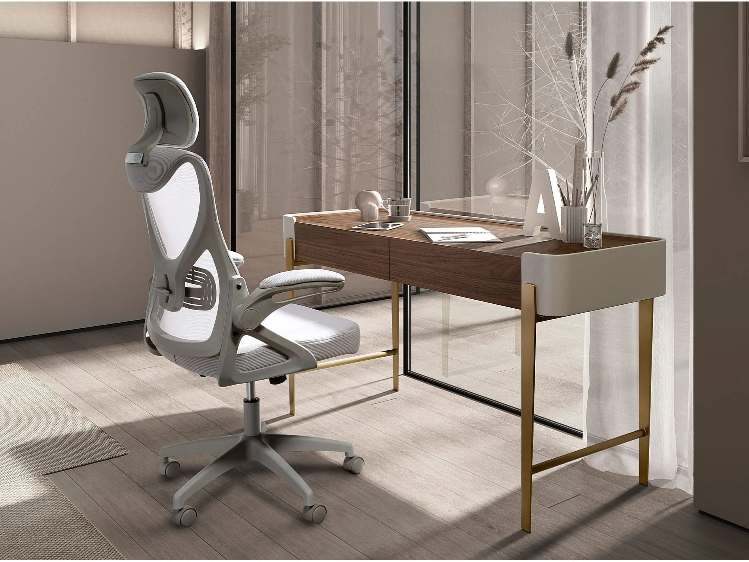 Bureau in walnoot, beige en goudkleurig gepolijst staal