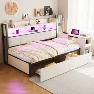 Dagbed 90x200cm met 2 lades, stopcontacten en LED-verlichting, uitschuifbaar bureau, wit Dagbed 90x200cm met 2 lades, stopcontacten en LED-verlichting, uitschuifbaar bureau, wit