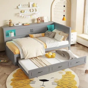 Daybed 90 x 200 cm met uitschuifbaar bed 90 x 190 cm – Met LED, USB en opbergruimte – Grijs Daybed 90 x 200 cm met uitschuifbaar bed 90 x 190 cm – Met LED, USB en opbergruimte – Grijs