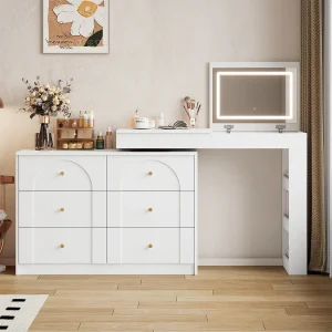 Draaibare kaptafel met LED-spiegel, 7 lades en open zijplanken – Wit Draaibare kaptafel met LED-spiegel, 7 lades en open zijplanken – Wit