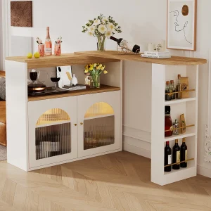 Draaibare barkast met LED-verlichting en 2 glazen deuren – wit en naturel