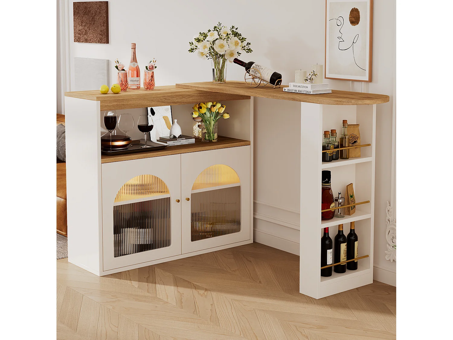 Draaibare barkast met LED-verlichting en 2 glazen deuren - wit en naturel