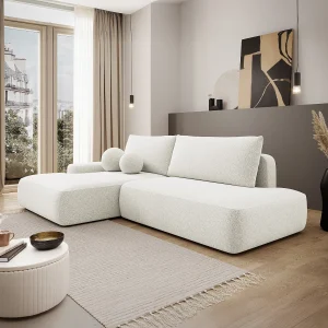Slaapbank met open linkse hoek in beige stof met textuur DAVISO Slaapbank met open linkse hoek in beige stof met textuur DAVISO