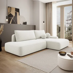 Slaapbank met open rechtse hoek in beige stof met textuur DAVISO Slaapbank met open rechtse hoek in beige stof met textuur DAVISO