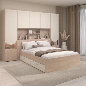 Brugoverspannen bed 140 x 190 cm met opbergruimte en LEDs in beige en naturel + lattenbodem – DOMELITO