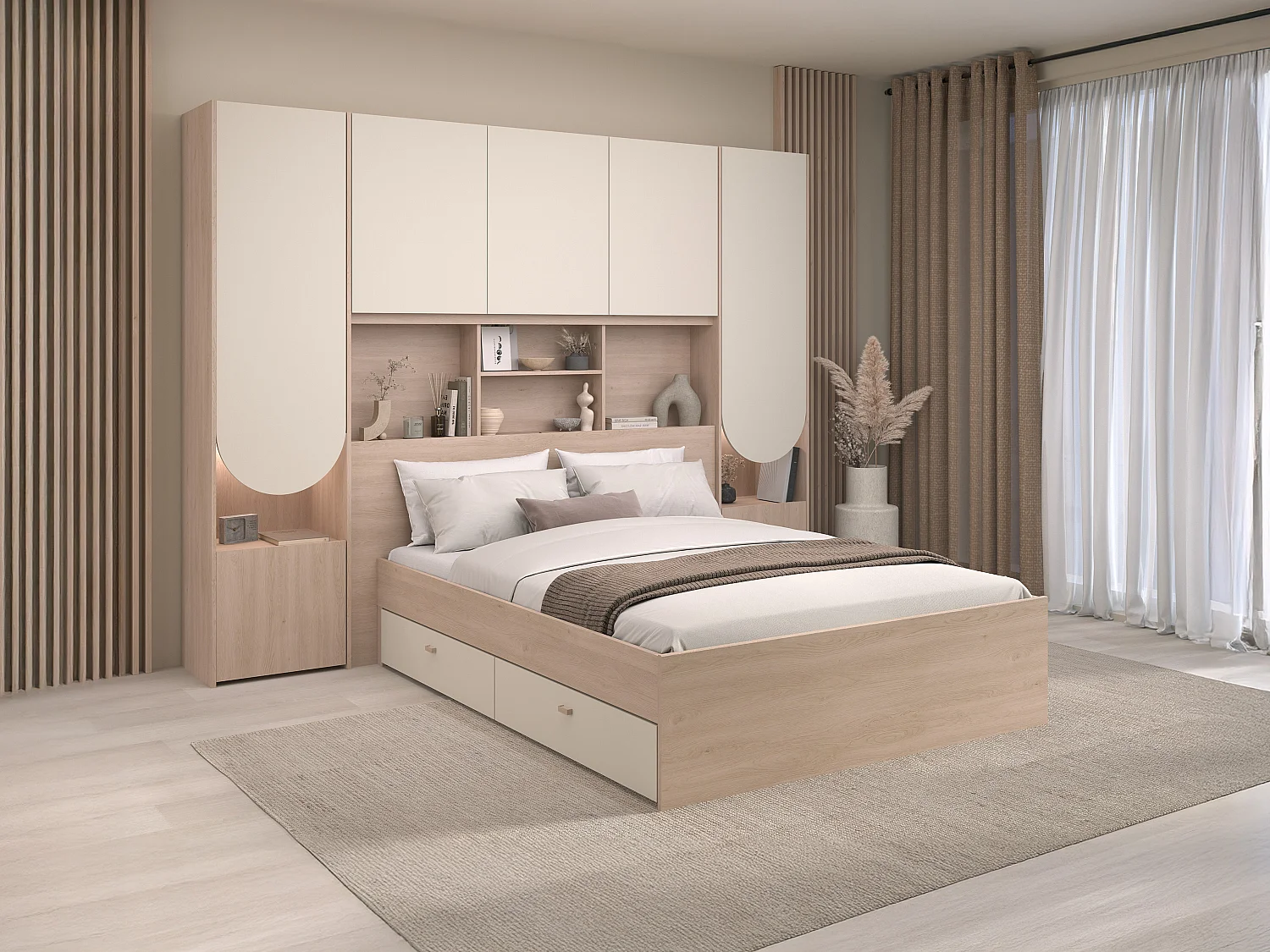 Bedkast 160 x 200 cm met opbergruimte en LEDs in beige en naturel + lattenbodem - DOMELITO