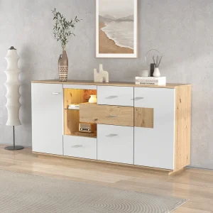 Buffetkast met LED-verlichting, opbergruimte, deuren en lades, glazen planken, 160 x 40 x 77 cm, wit