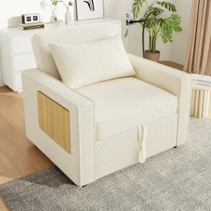 Converteerbare bank met USB-aansluiting en telefoonhouder, verstelbare rugleuning – Beige corduroy Converteerbare bank met USB-aansluiting en telefoonhouder, verstelbare rugleuning – Beige corduroy