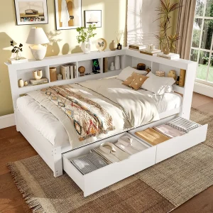 Daybed 140×200 cm Kinderbed met 2 lades en opbergplank, 2 USB-poorten – Wit (zonder matras) Daybed 140×200 cm Kinderbed met 2 lades en opbergplank, 2 USB-poorten – Wit (zonder matras)
