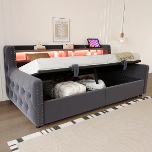 Daybed 90×200 cm, volwassen bed met opbergruimte, ledverlichting en USB-aansluitingen – grijs fluweel (zonder matras)