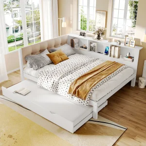 Daybed 140×200 cm Kinderbed met uitschuifbed, ledverlichting en USB-aansluiting – wit (zonder matras) Daybed 140×200 cm Kinderbed met uitschuifbed, ledverlichting en USB-aansluiting – wit (zonder matras)