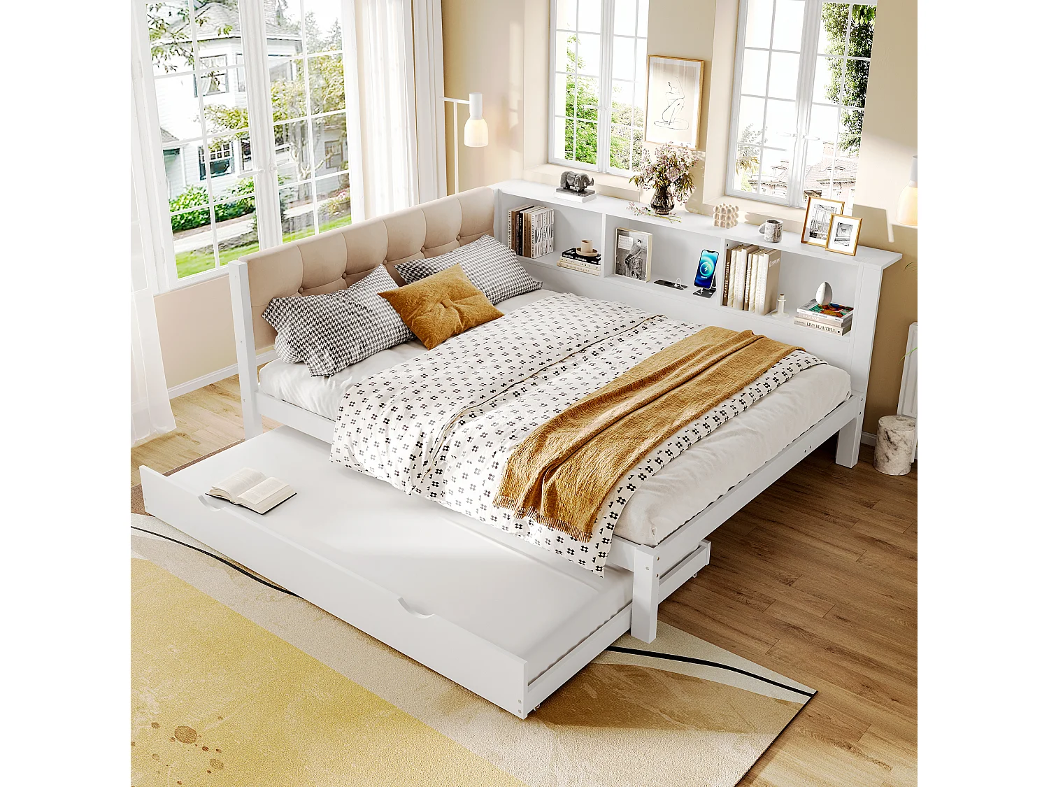 Daybed 140x200 cm Kinderbed met uitschuifbed, ledverlichting en USB-aansluiting - wit (zonder matras)