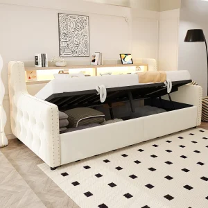 Daybed 90×200 cm, volwassen bed met opbergruimte, ledverlichting en USB-aansluitingen – beige fluweel (zonder matras)