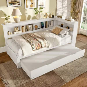 Daybed 90×200 cm Kinderbed met uitschuifbed en lattenbodem, 2 USB-aansluitingen – Wit (zonder matras) Daybed 90×200 cm Kinderbed met uitschuifbed en lattenbodem, 2 USB-aansluitingen – Wit (zonder matras)