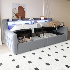 Daybed 90×200 cm, volwassen bed met opbergruimte, ledverlichting en USB-aansluitingen – lichtgrijs fluweel (zonder matras)