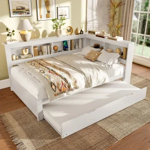 Daybed 140×200 cm Kinderbed met uitschuifbed en lattenbodem, 2 USB-aansluitingen – Wit (zonder matras) Daybed 140×200 cm Kinderbed met uitschuifbed en lattenbodem, 2 USB-aansluitingen – Wit (zonder matras)