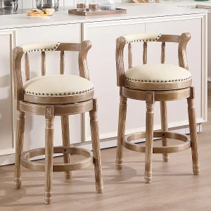 Draaibare barkruk – Witte leren zitting – Houtkleur 54,8×54,8x66cm Draaibare barkruk – Witte leren zitting – Houtkleur 54,8×54,8x66cm