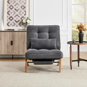 Converteerbare fauteuil met voetenbank en lendenkussen – Houten poten – Donkergrijze stof Converteerbare fauteuil met voetenbank en lendenkussen – Houten poten – Donkergrijze stof