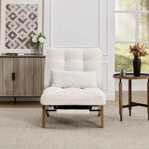 Converteerbare fauteuil met voetenbank en lendenkussen – Houten poten – Beige stof Converteerbare fauteuil met voetenbank en lendenkussen – Houten poten – Beige stof