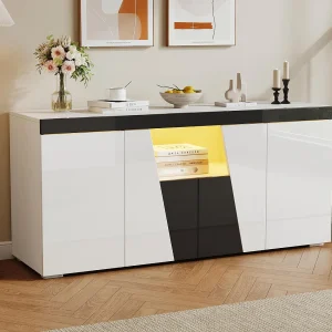 Buffet 140x40x65 cm – met 4 deuren – met LED-verlichting – Deeltjesplaten – Wit + Zwart Buffet 140x40x65 cm – met 4 deuren – met LED-verlichting – Deeltjesplaten – Wit + Zwart
