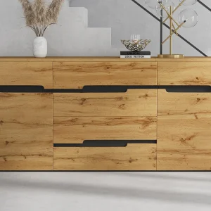 Buffet 160x40x80 cm – met 2 deuren en 4 lades – Houtlook – Deeltjesplaten – Natuur + Zwart Buffet 160x40x80 cm – met 2 deuren en 4 lades – Houtlook – Deeltjesplaten – Natuur + Zwart