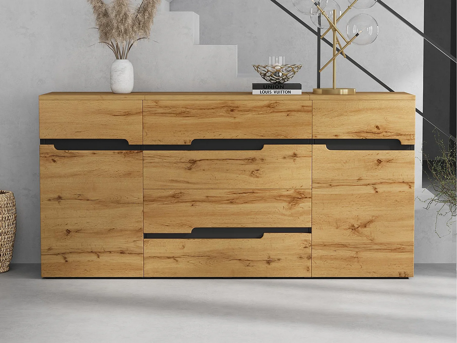 Buffet 160x40x80 cm - met 2 deuren en 4 lades - Houtlook - Deeltjesplaten - Natuur + Zwart
