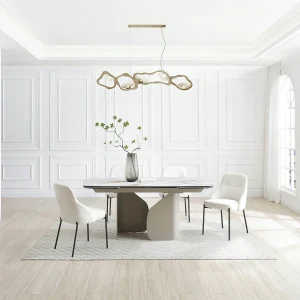 Uitschuifbare eettafel voor 6 tot 10 personen van keramiek, gehard glas en taupe metaal – Wit marmereffect – CAMUVO van Maison Céphy