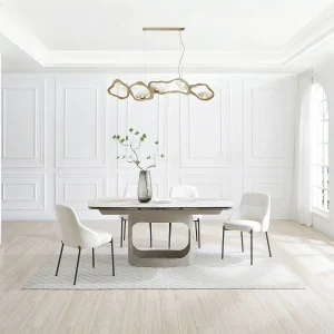 Uitschuifbare eettafel voor 6 tot 10 personen van keramiek, gehard glas en taupe metaal – Wit marmereffect – DAVULO van Maison Céphy Uitschuifbare eettafel voor 6 tot 10 personen van keramiek, gehard glas en taupe metaal – Wit marmereffect – DAVULO van Maison Céphy