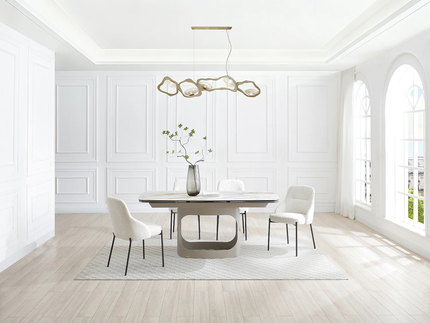 Uitschuifbare eettafel voor 6 tot 10 personen van keramiek, gehard glas en taupe metaal - Wit marmereffect - DAVULO van Maison Céphy
