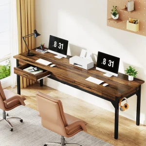 Computerbureau, studeertafel, dubbel lang bureau met 2 planken, 200 x 60 x 82 cm, rustiek bruin Computerbureau, studeertafel, dubbel lang bureau met 2 planken, 200 x 60 x 82 cm, rustiek bruin