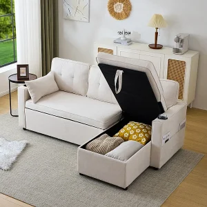 Converteerbare omkeerbare hoekbank in katoen en linnen, Meridian met opslag, Drankhouder, 211×129.5x86cm, beige Converteerbare omkeerbare hoekbank in katoen en linnen, Meridian met opslag, Drankhouder, 211×129.5x86cm, beige