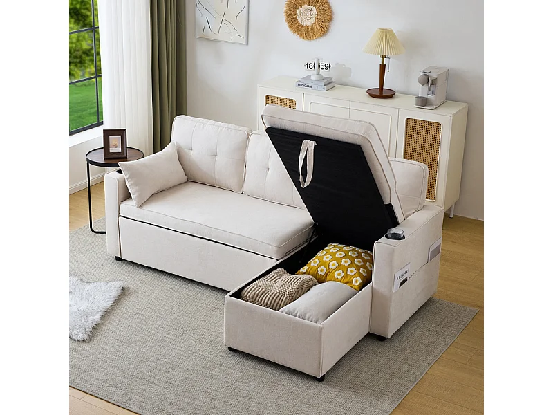 Converteerbare omkeerbare hoekbank in katoen en linnen, Meridian met opslag, Drankhouder, 211x129.5x86cm, beige